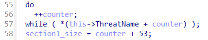 Figure 3: Reviewing the decompiled output of CqExQuaEntry::Commit shows the size of QuarantineEntrySection1 being set to the length of ThreatName plus 53.
