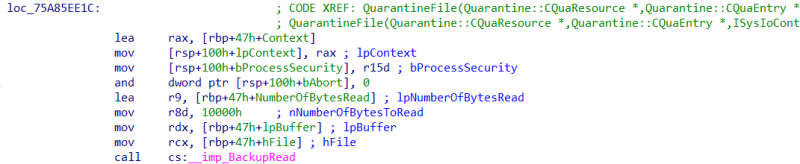 Figure 10: BackupRead being called within the QuarantineFile function.
