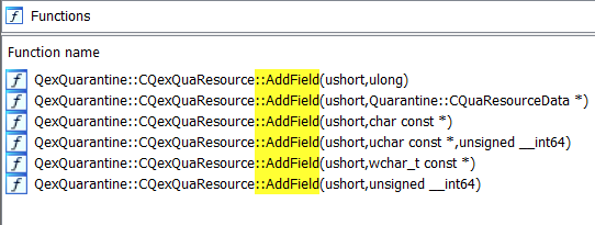 Figure 7: Finding different field types based on different implementations of the CqExQuaResource::AddField function.